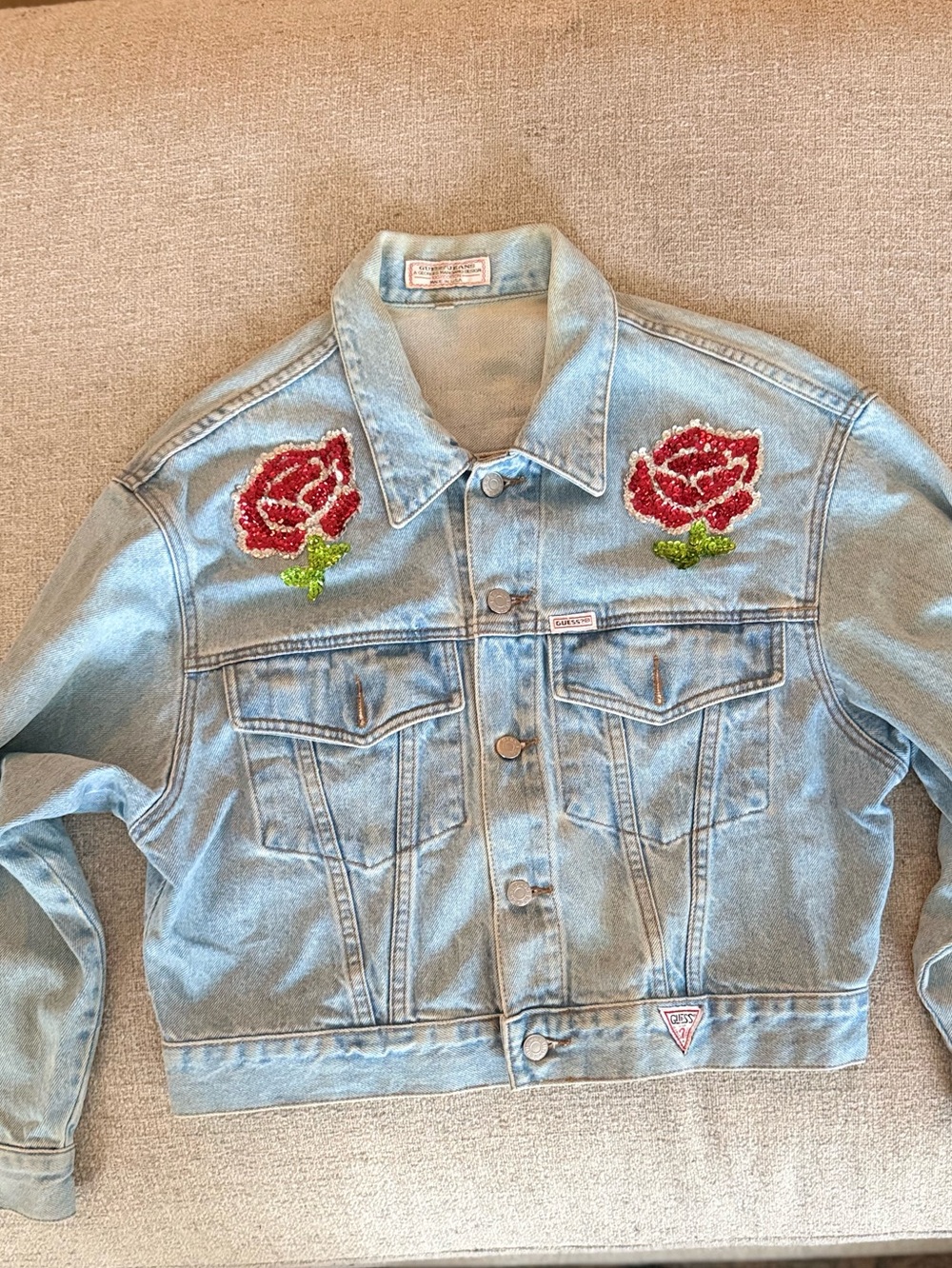 Guess Light Blue Denim Jacket with Red Rose Embroidery